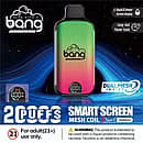 Bang 20000 Puffs Disposable Vape with smart screen display, dual mesh coil technology, 650mAh rechargeable battery, Type-C fast charging, and 25ml e-liquid capacity.