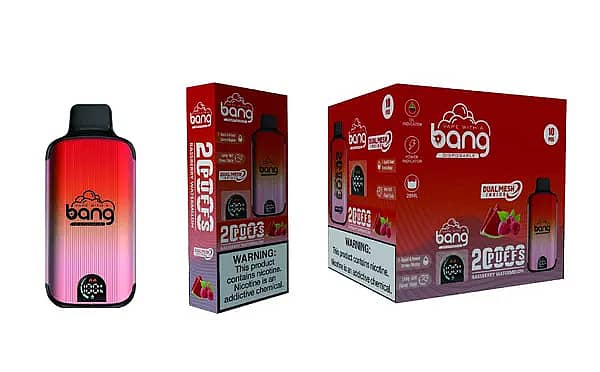 w=600,h=372,fit=scale down,gravity=auto,sharpen=1,metadata=none,format=auto,quality=70 Bang 20000 Puffs Disposable Vape – Raspberry Watermelon flavor with dual mesh coil, smart screen, 25ml e-liquid, 650mAh rechargeable battery.