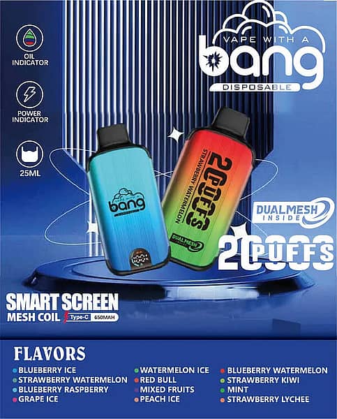 Bang 20000 Puffs Disposable Vape with Dual Mesh Coil, Smart Screen, 25ml E-liquid, 650mAh rechargeable battery – multiple fruit and menthol flavors