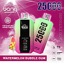 Bang 25000 Puffs Disposable Vape in Watermelon Bubble Gum flavor, featuring a double mesh coil, 25ml e-liquid, 650mAh rechargeable battery, and Type-C charging, with colorful bubble gum and watermelon visuals.
