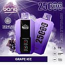 Bang 25000 Puffs Grape Ice disposable vape device, featuring a sleek purple body with double mesh coil technology, flavor icon, and product specifications.