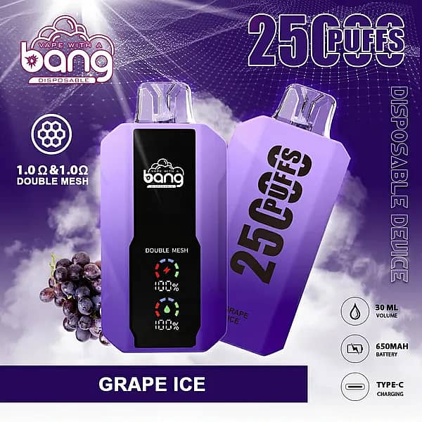 w=600,h=600,fit=scale down,gravity=auto,sharpen=1,metadata=none,format=auto,quality=70 Bang 25000 Puffs Grape Ice disposable vape device, featuring a sleek purple body with double mesh coil technology, flavor icon, and product specifications.