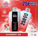 Bang 25000 Puffs Disposable Vape in Blueberry Ice flavor, featuring a double mesh coil design, digital puff and battery indicators, 30ml e-liquid capacity, 650mAh rechargeable battery, and Type-C charging, displayed with blueberries and ice cubes in the background.