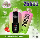 Bang 25000 Puffs Disposable Vape – Strawberry Kiwi flavor, featuring dual mesh coil, colorful green-pink gradient body, and flavor imagery of strawberries and kiwis.