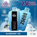 Bang 25000 Puffs Disposable Vape in Blueberry Ice flavor, featuring a sleek blue and black design with dual mesh coil display, placed against a cloudy sky background with blueberries, mint leaves, and ice cubes.