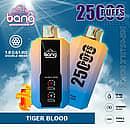 Bang 25000 Puffs Disposable Vape in Tiger Blood flavor, featuring dual mesh coils, LED battery indicators, 30ml e-liquid capacity, 650mAh battery, and Type-C charging.