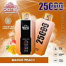 Bang 25000 Puffs Mango Peach Disposable Vape with dual mesh coils, 30ml e-liquid, 650mAh battery, and Type-C charging.