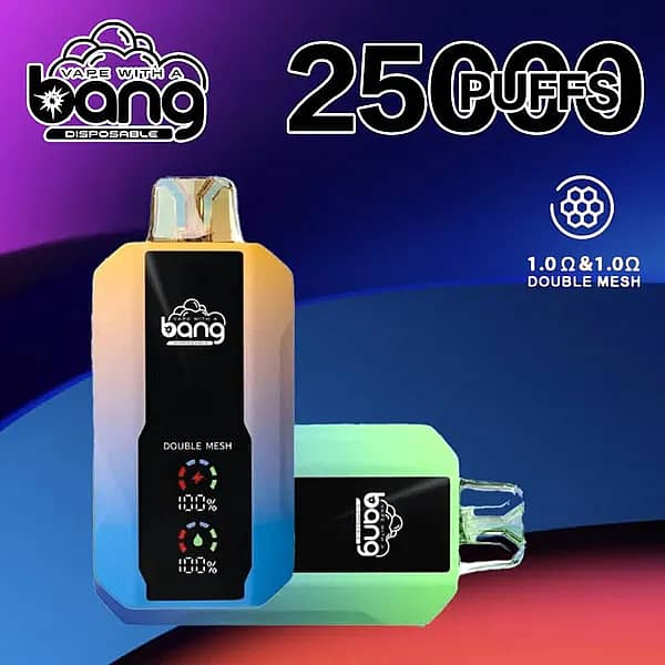 Bang 25000 Puffs disposable vape device with gradient yellow-blue and green-blue body, double mesh coil display, and mouthpiece design.