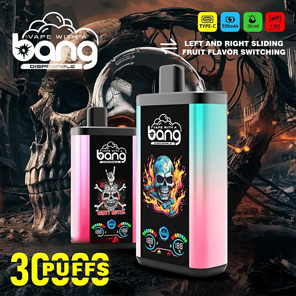 bang 30k pro double flavor disposable vape poster showing two gradient-color devices with skull artwork, “30,000 PUFFS” headline, and icons for Type-C charging, 550 mAh battery, 36 mL e-liquid, and 1.0 Ω mesh coil; text notes left-right sliding fruit-flavor switching against a dark skull-themed background.