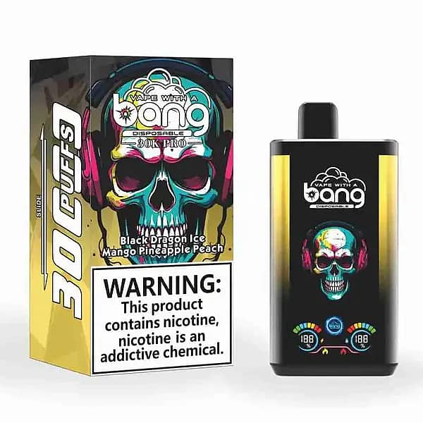 Bang 30K Pro disposable vape and retail box with neon skull artwork; text highlights 30,000 puffs and flavors “Black Dragon Ice / Mango Pineapple Peach,” plus a nicotine warning label.