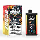Bang 30K Pro disposable vape and retail box with fiery skull-in-sunglasses artwork; text notes 30,000 puffs and flavor “Black Dragon Ice / Strawberry Banana,” plus a nicotine warning.