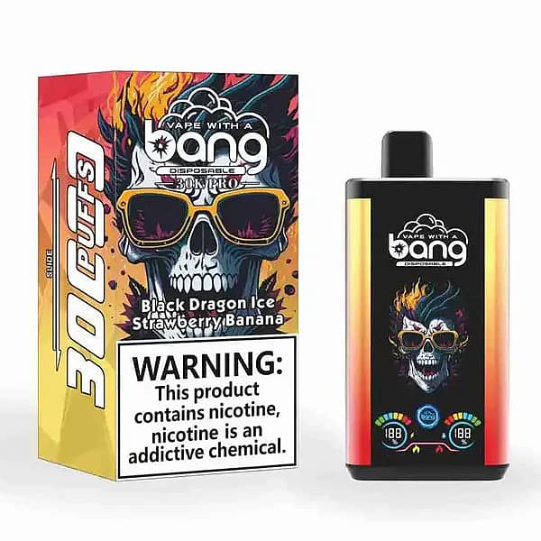 w=600,h=600,fit=scale down,gravity=auto,sharpen=1,metadata=none,format=auto,quality=70 Bang 30K Pro disposable vape and retail box with fiery skull-in-sunglasses artwork; text notes 30,000 puffs and flavor “Black Dragon Ice / Strawberry Banana,” plus a nicotine warning.