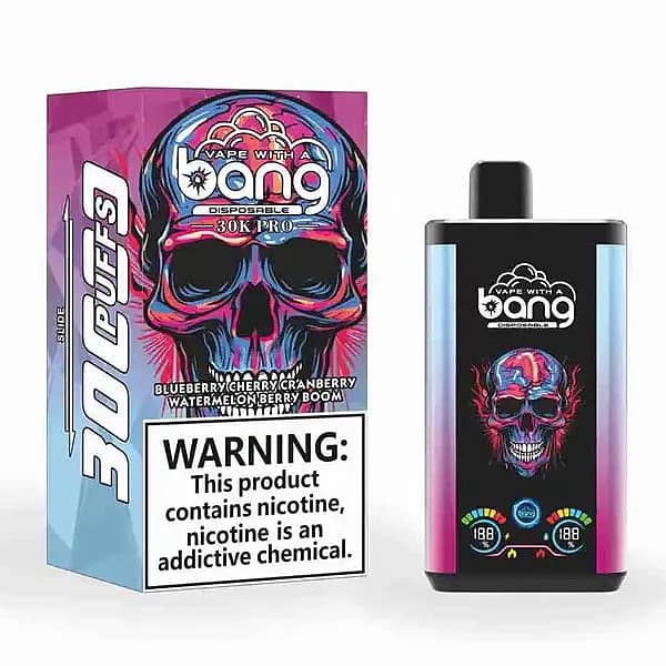 w=600,h=600,fit=scale down,gravity=auto,sharpen=1,metadata=none,format=auto,quality=70 Bang 30K Pro disposable vape and retail box with neon skull artwork; text notes “30K PUFFS” and flavor “Blueberry/Cherry/Cranberry / Watermelon Berry Boom,” plus a nicotine warning label.