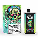 Bang 30K Pro disposable vape and box with neon skull art; flavor “Double Apple • Kiwi Passion Fruit • Pomegranate,” “30K PUFFS,” and a nicotine warning are shown.