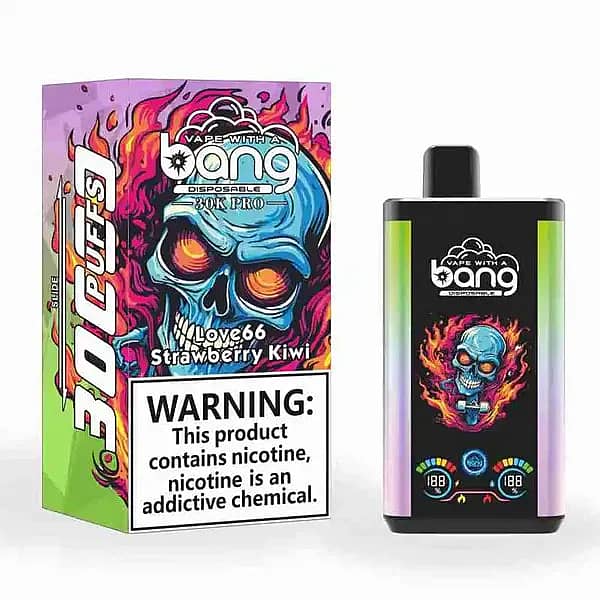 w=600,h=600,fit=scale down,gravity=auto,sharpen=1,metadata=none,format=auto,quality=70 Bang 30K Pro disposable vape and box with neon skull artwork; flavor “Love66 • Strawberry Kiwi,” “30K PUFFS,” and a large nicotine warning label.
