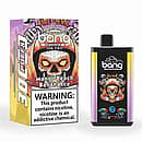 Bang 30K Pro disposable vape and box with “Fire Devil” skull artwork; flavor “Mango Peach Banana Ice,” “30K PUFFS,” and a large nicotine warning label.