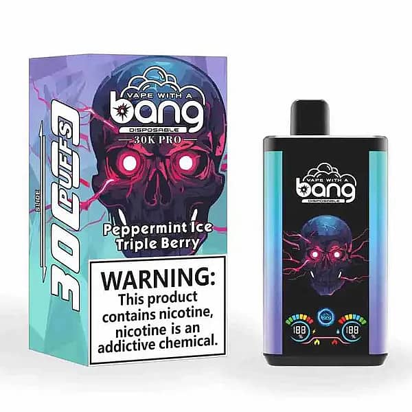 w=600,h=600,fit=scale down,gravity=auto,sharpen=1,metadata=none,format=auto,quality=70 Bang 30K Pro disposable vape and box featuring neon skull art; flavor “Peppermint Ice Triple Berry,” “30K PUFFS” callout, and a large nicotine warning.