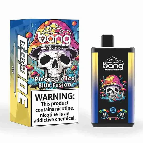 w=600,h=600,fit=scale down,gravity=auto,sharpen=1,metadata=none,format=auto,quality=70 Bang 30K Pro disposable vape and box with psychedelic skull-and-mushroom art; flavor “Pineapple Ice • Blue Fusion,” “30K PUFFS” callout, and a large nicotine warning.