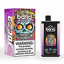 Bang 30K Pro disposable vape and box with a crowned skull graphic; flavor “Purple Rain—Strawberry Raspberry Cherry Ice,” “30K PUFFS” call-out, and a large nicotine warning.