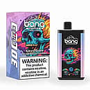 Bang 30K Pro disposable vape and box with flaming-skull artwork; flavor “Sakura Grape / Strawberry Lychee,” 30,000-puff branding, and a large nicotine warning.