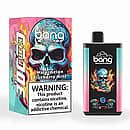 Bang 30K Pro disposable vape and box with flaming skull artwork; flavor “Watermelon Blueberry Mint,” 30,000-puff branding, and a large nicotine warning.
