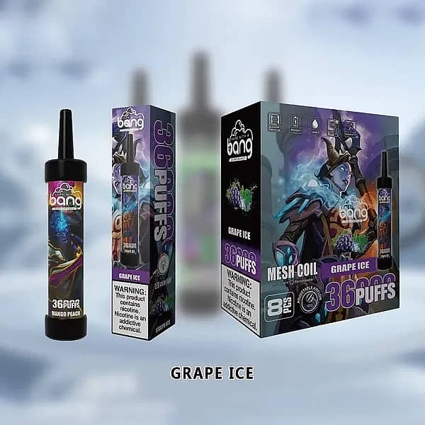 w=600,h=600,fit=scale down,gravity=auto,sharpen=1,metadata=none,format=auto,quality=70 Bang 36000 Puffs disposable vape in Grape Ice flavor, showing device, single packaging, and bulk box design with icy grape artwork.