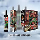 Bang 36000 Puffs disposable vape in Peach Mango Watermelon flavor, showing the vape device, packaging box, and fruity illustrations with vibrant colors.