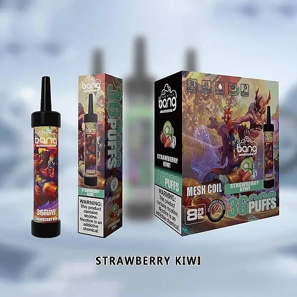 w=600,h=600,fit=scale down,gravity=auto,sharpen=1,metadata=none,format=auto,quality=70 Bang disposable vape device, box, and packaging for Strawberry Kiwi flavor with 36,000 puffs.
