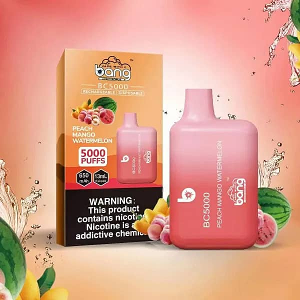 w=600,h=600,fit=scale down,gravity=auto,sharpen=1,metadata=none,format=auto,quality=70 Bang BC5000 Peach Mango Watermelon Disposable Vape 5000 Puffs, 13ml E-liquid, Mesh Coil, Type-C Rechargeable