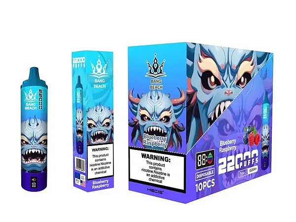 w=600,h=450,fit=scale down,gravity=auto,sharpen=1,metadata=none,format=auto,quality=70 Bang Beach 22000 Puffs Disposable Vape Blueberry Raspberry flavor with packaging box