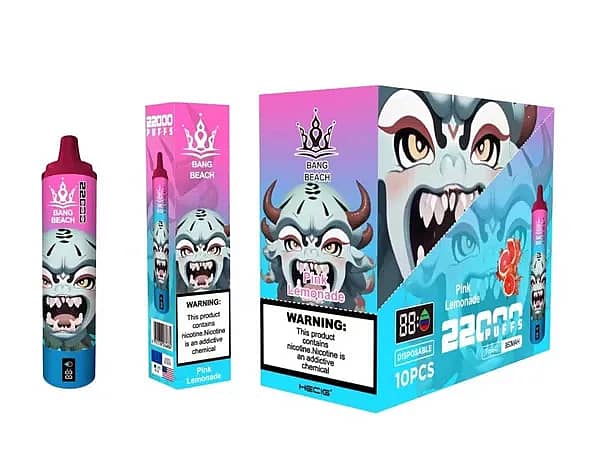 w=600,h=450,fit=scale down,gravity=auto,sharpen=1,metadata=none,format=auto,quality=70 Bang Beach 22000 Puffs Disposable Vape – Pink Lemonade flavor packaging and device
