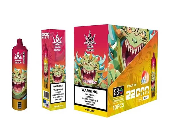 w=600,h=450,fit=scale down,gravity=auto,sharpen=1,metadata=none,format=auto,quality=70 Bang Beach 22000 Puffs Disposable Vape – Peach Ice flavor with dragon-themed packaging and 10-pack display box.
