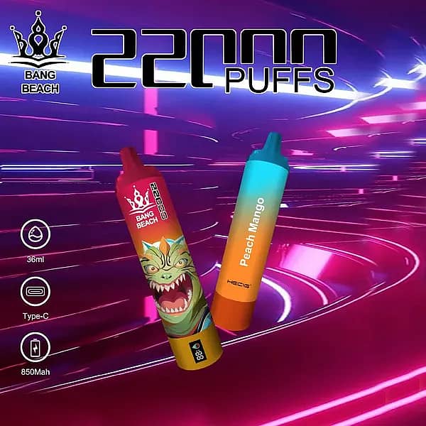 Bang Beach 22000 Puffs Disposable Vape with Peach Mango Flavor, 36ml e-liquid, 850mAh rechargeable battery, and Type-C charging.