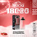 Bang Crown 18000 Puffs Disposable Vape in Strawberry Watermelon flavor, featuring a pink gradient vape device and packaging with flavor imagery, highlighting 650mAh battery, Type-C charging, adjustable airflow, and mesh coil.