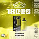 Bang Crown 18000 Puffs Pineapple Coconut Disposable Vape with packaging, device in yellow color, and flavor icons of pineapple and coconut.