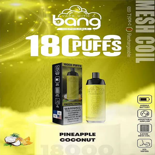 w=600,h=600,fit=scale down,gravity=auto,sharpen=1,metadata=none,format=auto,quality=70 Bang Crown 18000 Puffs Pineapple Coconut Disposable Vape with packaging, device in yellow color, and flavor icons of pineapple and coconut.