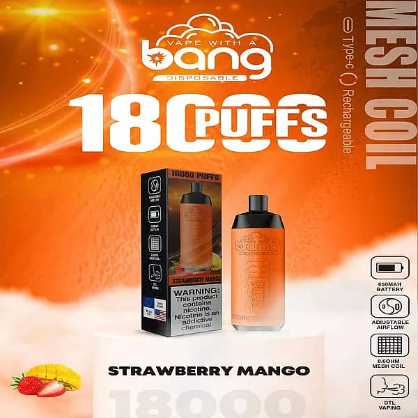 w=600,h=600,fit=scale down,gravity=auto,sharpen=1,metadata=none,format=auto,quality=70 Bang Crown 18000 Puffs Disposable Vape in Strawberry Mango flavor, featuring vibrant orange packaging and a sleek vape device with mesh coil technology.