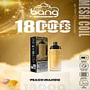 Bang Crown 18000 Puffs Disposable Vape in Peach Mango flavor, featuring product box and vape device on a golden background with peach and mango illustrations, highlighting 650mAh battery, adjustable airflow, 0.6Ω mesh coil, Type-C charging, and DTL vaping.