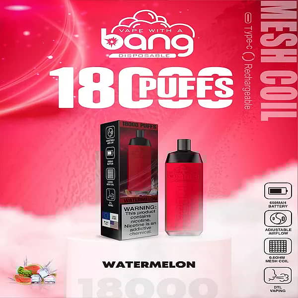 w=600,h=600,fit=scale down,gravity=auto,sharpen=1,metadata=none,format=auto,quality=70 Bang Crown 18000 Puffs Disposable Vape – Watermelon flavor, rechargeable Type-C, 650mAh battery, adjustable airflow, 0.6Ω mesh coil, and DTL vaping.
