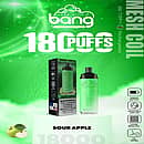 Bang Crown 18000 Puffs Disposable Vape – Sour Apple flavor, featuring green gradient device and packaging with product details.