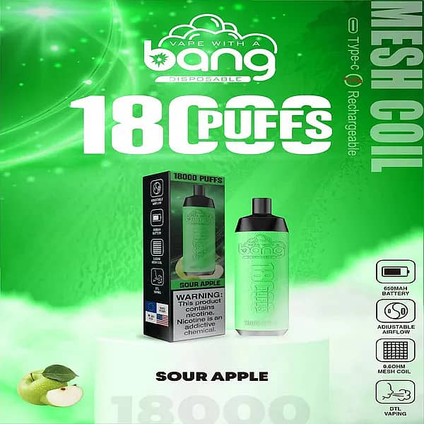 w=600,h=600,fit=scale down,gravity=auto,sharpen=1,metadata=none,format=auto,quality=70 Bang Crown 18000 Puffs Disposable Vape – Sour Apple flavor, featuring green gradient device and packaging with product details.