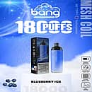 Bang Crown 18000 Puffs Disposable Vape – Blueberry Ice flavor, featuring a blue gradient vape device and matching box with product details, nicotine warning label, and flavor imagery.