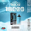 Bang Crown 18000 Puffs Disposable Vape – Blueberry Raspberry flavor, rechargeable with Type-C, featuring adjustable airflow, 650mAh battery, 0.6Ω mesh coil, and DTL vaping design. Includes product packaging and device image on a blue background with berry illustrations.