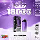 Bang Crown 18000 Puffs Disposable Vape in Mixed Fruits flavor, featuring a purple gradient body, matching packaging box, and icons highlighting a 650mAh battery, adjustable airflow, 0.6Ω mesh coil, and DTL vaping.