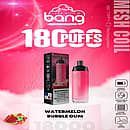 Bang Crown 18000 Puffs Disposable Vape – Watermelon Bubble Gum flavor, featuring the device and packaging, with bold text highlighting “18000 Puffs,” flavor image of watermelon and colorful bubble gum candies, and icons showing 650mAh battery, adjustable airflow, 0.6Ω mesh coil, and DTL vaping.