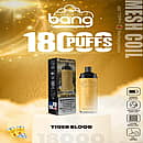 Bang Crown 18000 Puffs Disposable Vape in Tiger Blood flavor, featuring a gold gradient design with matching packaging, labeled with product specs: 650mAh battery, adjustable airflow, 0.6Ω mesh coil, Type-C rechargeable, DTL vaping, displayed on a golden background with energy drink and ice cube imagery.