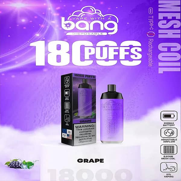 w=600,h=600,fit=scale down,gravity=auto,sharpen=1,metadata=none,format=auto,quality=70 Bang Crown 18000 Puffs Disposable Vape – Grape flavor, featuring a purple gradient design device and matching box, Type-C rechargeable, mesh coil, 650mAh battery, adjustable airflow.
