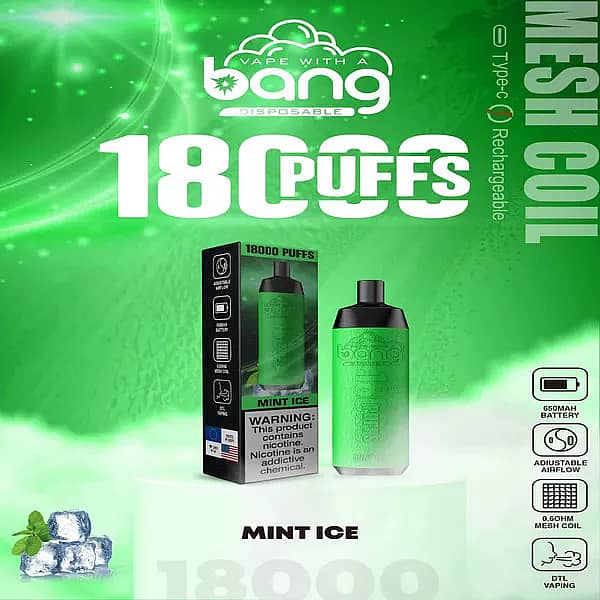 w=600,h=600,fit=scale down,gravity=auto,sharpen=1,metadata=none,format=auto,quality=70 Bang Crown 18000 Puffs Disposable Vape – Mint Ice flavor with green gradient design, product box, and mint with ice cubes illustration.