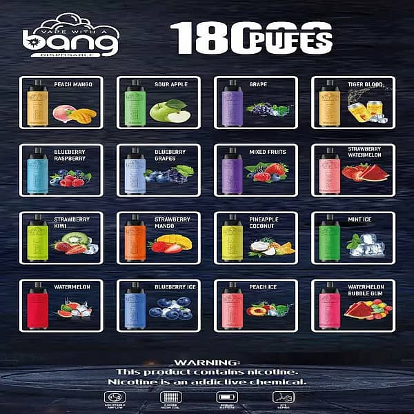 fit=scale down,gravity=auto,sharpen=1,metadata=none,format=auto,quality=70,w=auto,h=auto Bang Crown 18000 Puffs Disposable Vape flavor lineup, showing 20 different flavors in colorful bottles alongside corresponding fruit images, with a nicotine warning at the bottom.