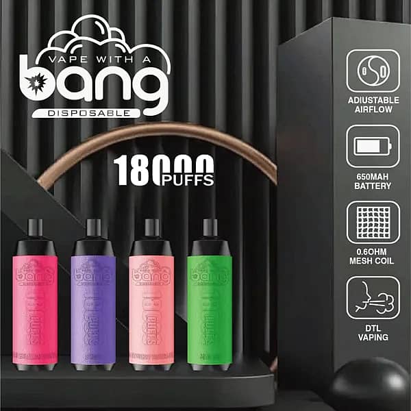 Bang Crown 18000 Puffs Disposable Vape – four colorful devices with adjustable airflow, 650mAh battery, 0.6Ω mesh coil, and DTL vaping capability.